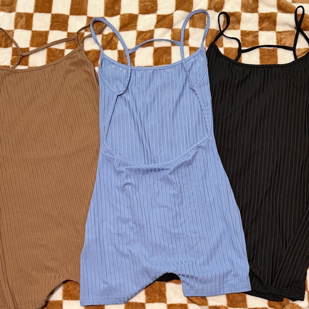 Ribbed Spaghetti Strap Romper - set of 3 Blue, Brown, Black.